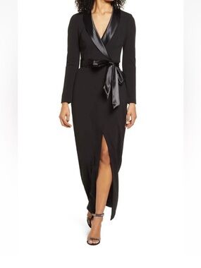 Eliza J Black Satin-Trim Wrap Tuxedo Dress - worn once